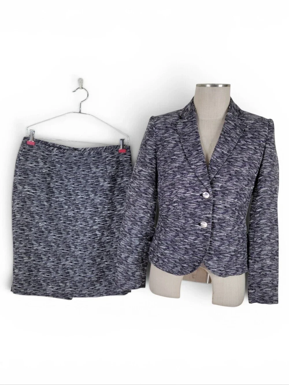 Calvin Klein Tweed Skirt Suit Size 6 Purple Black White Vented Cotton Linen Poly